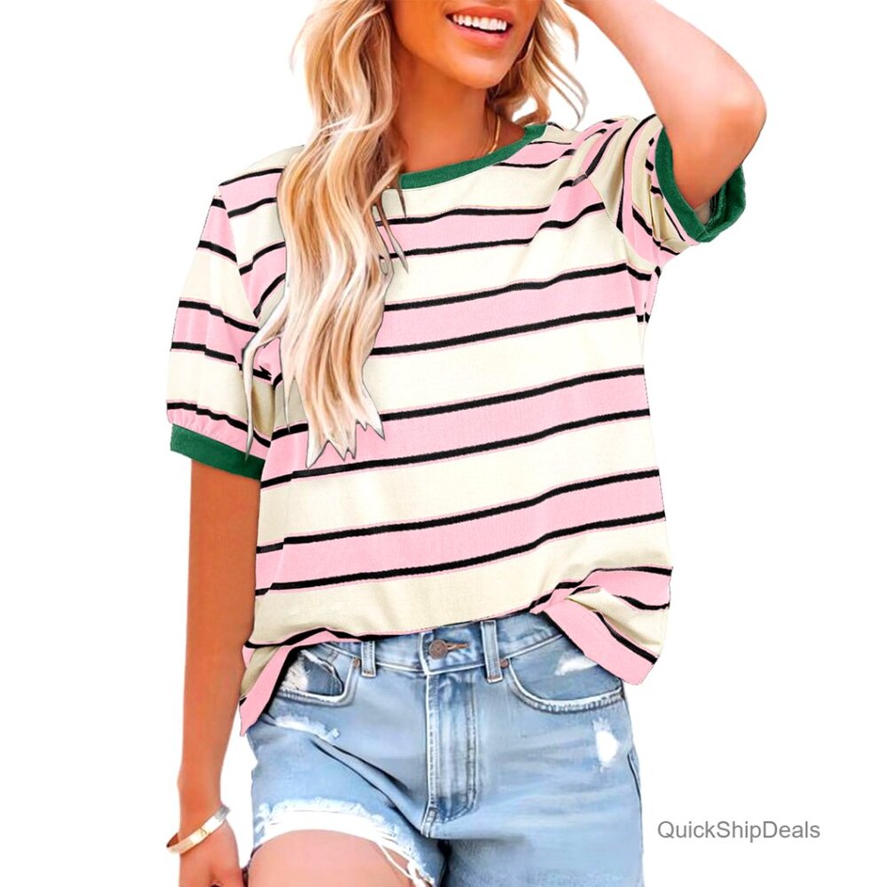Striped Color Block Short Sleeve Crewneck Tee Loose Fit Casual Top